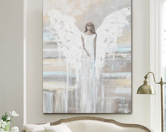 GICLEE PRINT Art Abstract Angel Painting Canvas Print Oil Painting Home Decor Wall Art Housewarming Gift White Grey Blue Cream -Christine