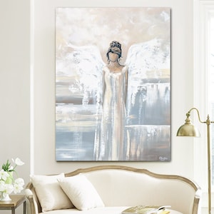 GICLEE PRINT Art Abstract Angel Painting Canvas Print Oil Painting Guardian Angel Neutral Home Decor Wall Art Holiday Gift White Grey Cream
