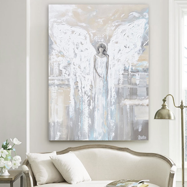 GICLEE PRINT Art Abstract Angel Painting Canvas Print Oil Painting Home Decor Wall Art Housewarming Gift White Grey Blue Cream -Christine