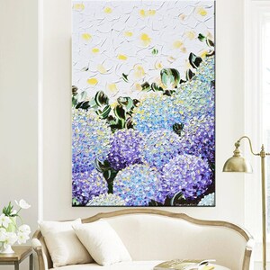 May include: A painting of a cluster of purple and blue hydrangeas with green leaves against a white background. The painting is done in a textured style, with visible brushstrokes.