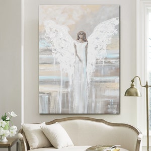 GICLEE PRINT Art Abstract Angel Painting Canvas Print Oil Painting Home Decor Wall Art Housewarming Gift White Grey Blue Cream Christine image 1