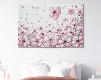 Original Pink Poppy Oil Painting: Textured Floral Garden Art, 36x24
