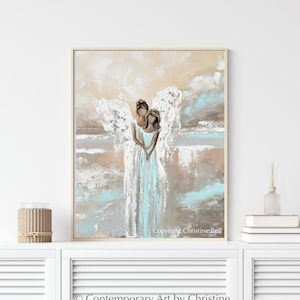 GICLEE PRINT Art Abstract Angel Painting Canvas Print Oil Painting Home Decor Wall Art Christmas Gift White Grey Blue Cream -Christine