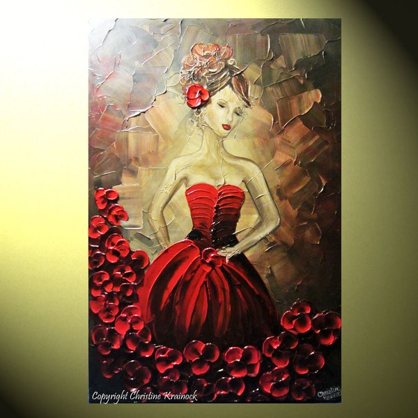 Original Art Abstract Painting Woman Red Dress Dance Figure Girl Textured Dancer Floral Palette Knife Painting, 36x24" -Christine