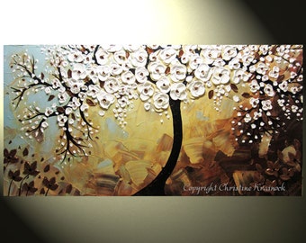 CUSTOM Abstract Art Painting Tree Paintings Original Textured Tree of Life Palette Knife Bronze White Flowers Blue Brown 48x24" by Christine