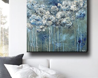 GICLEE PRINT Art Abstract Painting White Flowers Blue Grey Acrylic Painting Wall Art Home Decor Coastal Canvas Print Palette Knife Christine