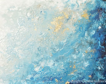 Blue Abstract Seascape Giclee Print: Coastal Wall Art with Gold Accents