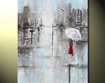 GICLEE PRINTS Art Abstract Painting Modern Girl Red Umbrella City Large Art Home Wall Decor Canvas Prints Fashion sizes to 60" - Christine