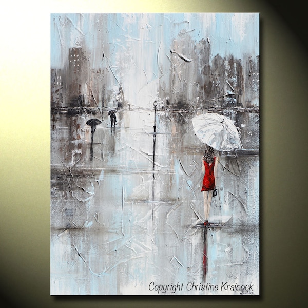 Woman in Red Giclee Print: Abstract Cityscape, Modern Palette Knife Art
