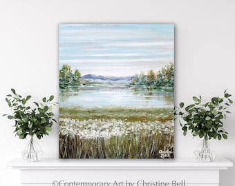 ORIGINAL Art Abstract Painting Landscape Oil Painting Impressionist Fine Art Lake Wildflower Meadow Trees Blue Green Home Decor Wall Art