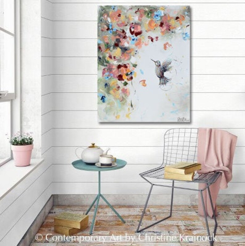 GICLEE PRINT Art Hummingbird Painting Spring Flowers Floral Acrylic Painting Garden Bird Canvas Wall Art Home Decor Gift Christine Bell image 1