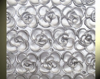 Silver Floral Sculpted Painting: Abstract Textured Metallic Wall Art