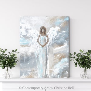GICLEE PRINT Art Angel Painting Canvas Print Oil Painting Guardian Angel Neutral Home Decor Wall Art Gift Blue White, Canvas or Paper Print