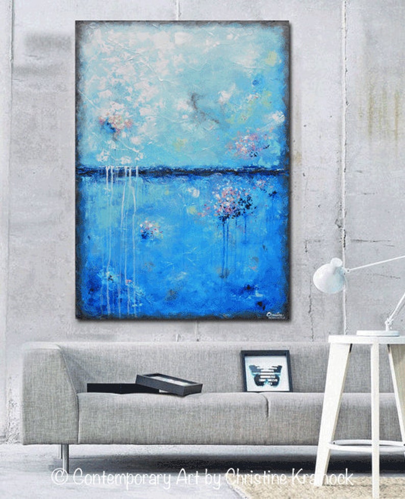 Giclee Print Large Art Abstract Painting Blue Wall Canvas Colorful Modern Home Decor Coastal Palette Knife Christine