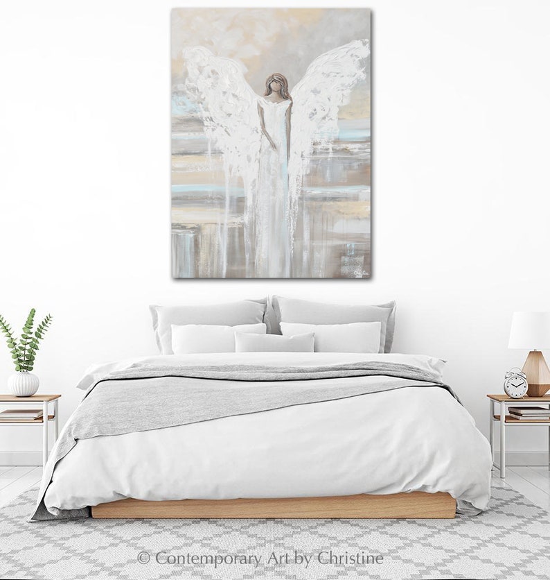 GICLEE PRINT Art Abstract Angel Painting Canvas Print Oil Painting Home Decor Wall Art Housewarming Gift White Grey Blue Cream Christine image 5