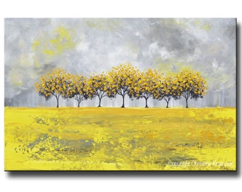 GICLEE PRINTS Large Art Yellow Grey Abstract Tree Painting Landscape Modern Home Wall Decor Coastal Canvas Print Gold White SIZES -Christine