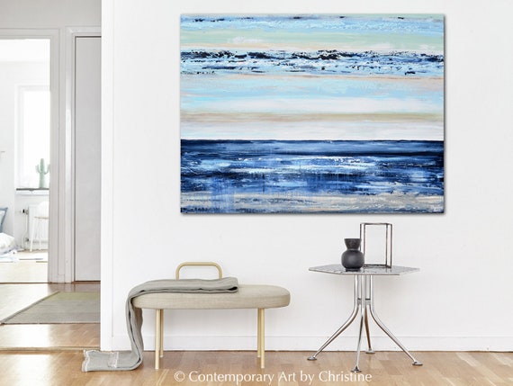 Original Art Abstract Painting Navy Blue White Mint Green Textured Acrylic Painting Coastal Ocean Rustic Home Decor Wall Decor 48 Christine