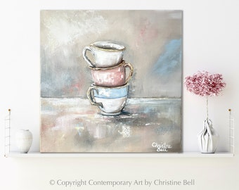 ORIGINAL Art Oil Painting Teacups Stacked Modern Fine Art English Tea Time Artwork China Cups Coffee Wall Art Cottage Home Decor Gift