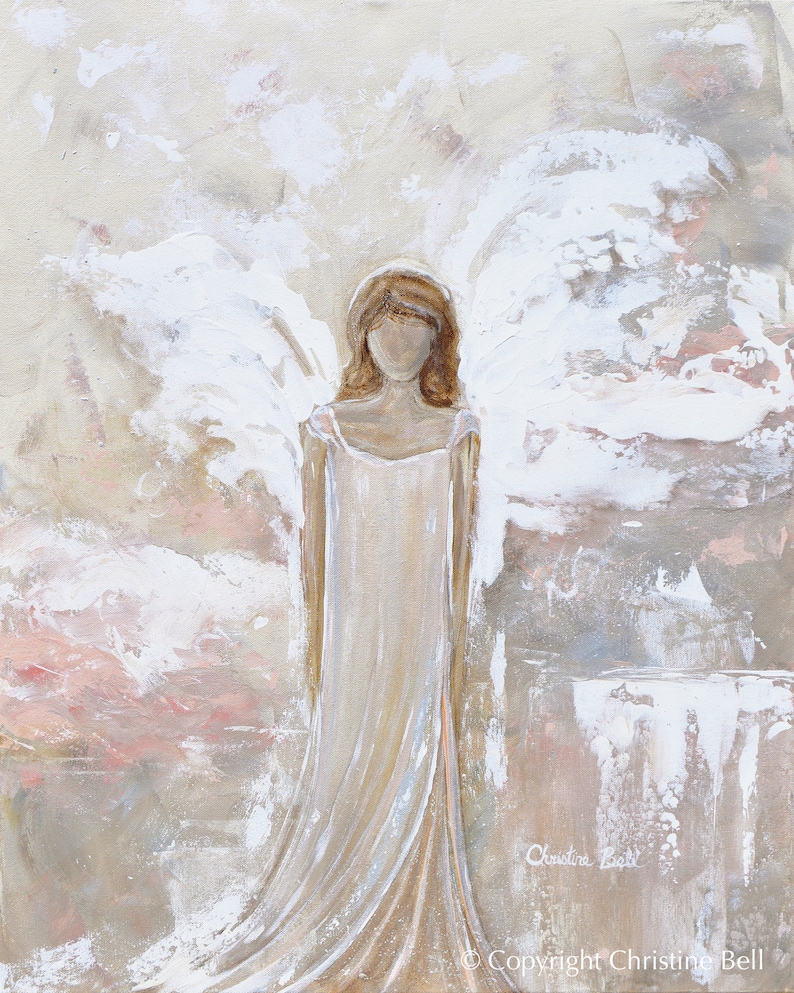 GICLEE PRINT Art Abstract Angel Painting Canvas Print Oil Painting Guardian Angel Neutral Holiday Home Decor Wall Art Christmas Gift White image 3