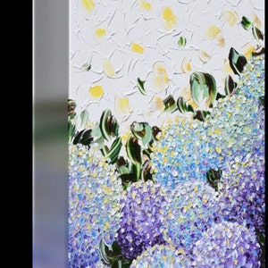 May include: A painting of a cluster of purple and blue hydrangeas with white flowers in the background.