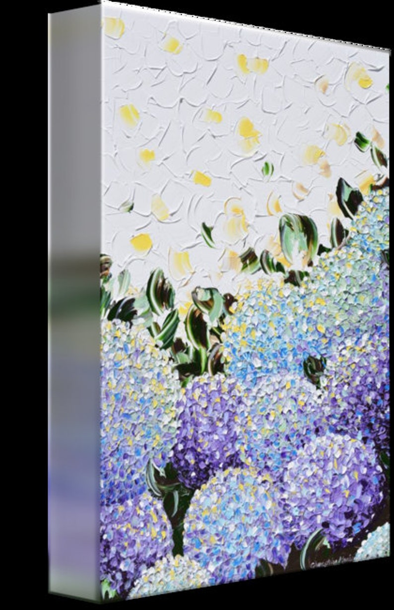 May include: A painting of a cluster of purple and blue hydrangeas with white flowers in the background.