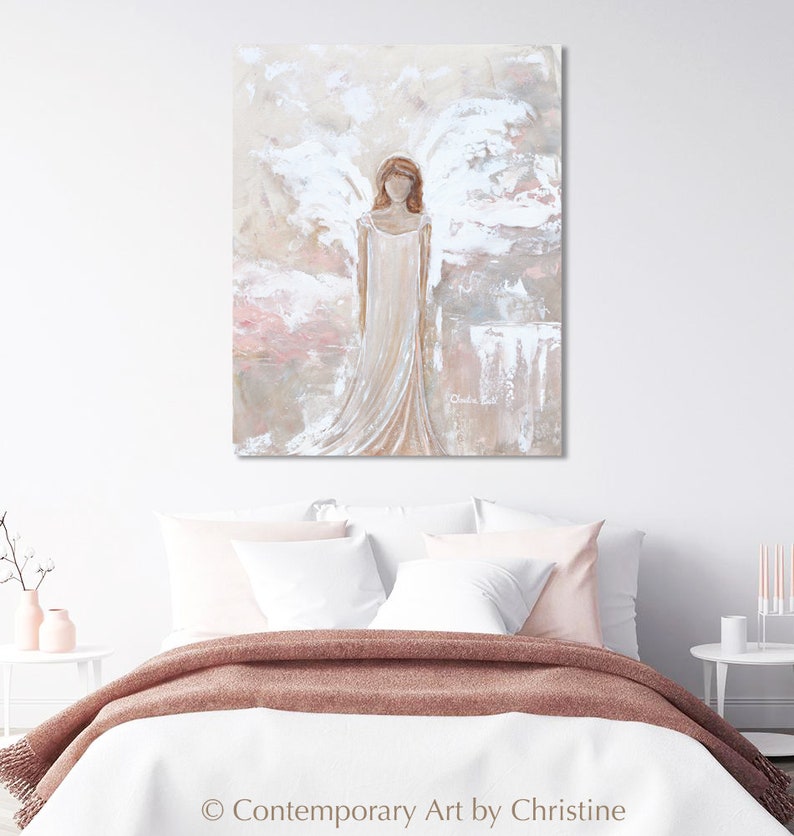 GICLEE PRINT Art Abstract Angel Painting Canvas Print Oil Painting Guardian Angel Neutral Holiday Home Decor Wall Art Christmas Gift White image 5