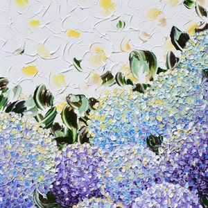 May include: A painting of a cluster of purple and blue hydrangeas with white flowers in the background. The flowers are painted in a textured style, giving the impression of brushstrokes.