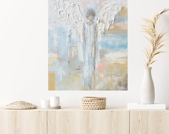GICLEE PRINT Art Abstract Angel Painting Canvas Print Oil Painting Home Decor Wall Decor Spiritual White Blue Beige Pastel - Christine