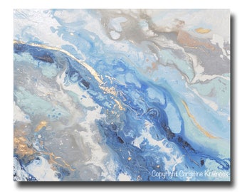 GICLEE PRINT Large Art Abstract Painting Blue Grey White Acrylic Painting Home Decor Coastal Nature Wall Decor Marbled Gold Leaf Christine