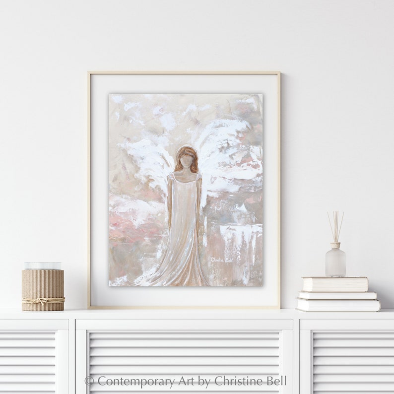 GICLEE PRINT Art Abstract Angel Painting Canvas Print Oil Painting Guardian Angel Neutral Holiday Home Decor Wall Art Christmas Gift White image 2