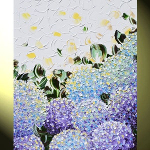 May include: A painting of purple and blue hydrangeas with a white background. The flowers are painted in a textured style, giving the impression of brushstrokes. The background is a light yellow with white dots.