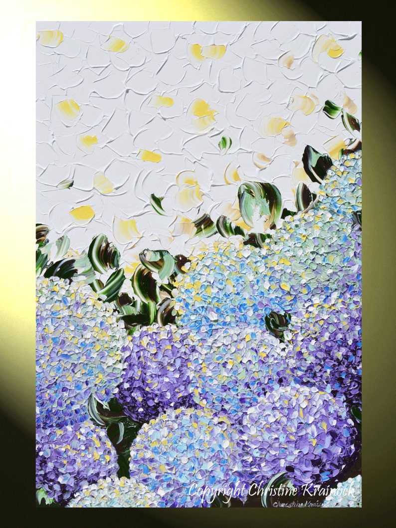 May include: A painting of purple and blue hydrangeas with a white background. The flowers are painted in a textured style, giving the impression of brushstrokes. The background is a light yellow with white dots.