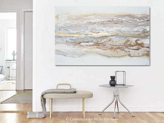 Gold Leaf Abstract Painting: Neutral Coastal Art Giclee Canvas Print