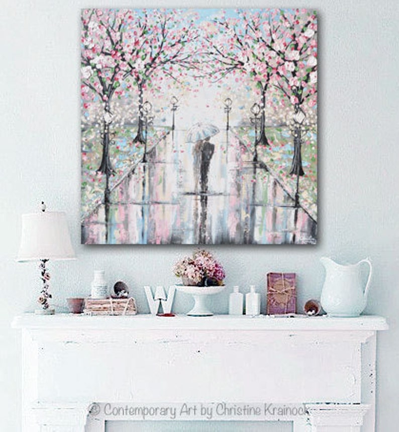 GICLEE PRINT Art Abstract Painting Couple with Umbrella Cherry Trees Oil Painting PAPER Print Wall Art Home Decor Walk Rain Romantic Pink image 2