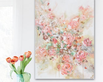 庭のバラ、オリジナルのアクリル画、花の絵画、ピンクの花、16x20の
