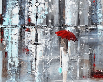 IMPRESSÕES GICLEE Arte Pintura Garota Guarda-chuva Vermelho Abstrato Cidade Paleta Faca Moderna Impressões em Tela, Presente para Mulher, Decoração de Parede de Empoderamento Feminino