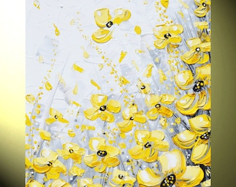 GICLEE PRINTS Arte Amarelo Cinza Pintura Abstrata Decoração de Parede Flores Moderna Texturizada Costeira Impressão em Tela Ouro Branco Tamanho XL a 60&quot; -Christine