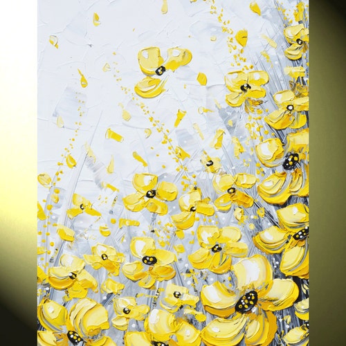 GICLEE PRINTS Art Yellow Grey Abstract Painting Wall Decor Flowers Modern Textured Coastal Canvas Print Gold White XL size to 60