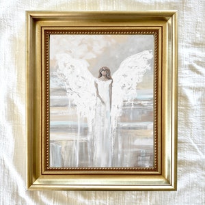 ANGEL OF LOVE Angel Painting Oil Painting Art Print Paper Canvas Home Decor Un-framed Framed Holiday Wall Art Gift for Her White Grey Cream