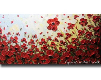 Red Poppy Painting: Textured Floral Landscape, Acrylic Palette Knife Art