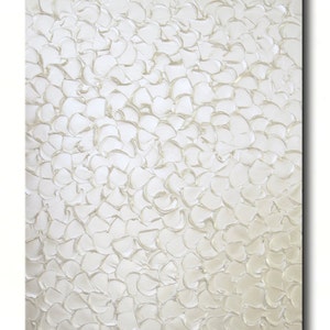 May include: Abstract painting with a textured, white background. The paint is applied in a thick, layered style, creating a sense of depth and dimension.