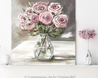 ORIGINAL Art Oil Painting Floral Pink Roses Bouquet Modern Botanical Fine Art Rose Flowers Botanical Artwork Spring Wall Art Home Decor Gift