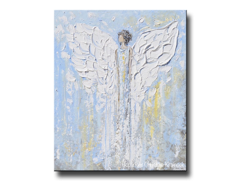 GICLEE PRINT Art Abstract Angel Painting Christmas Decoration White Light Blue Gold Wall Art Home Decor Spiritual Art Christine Krainock image 1