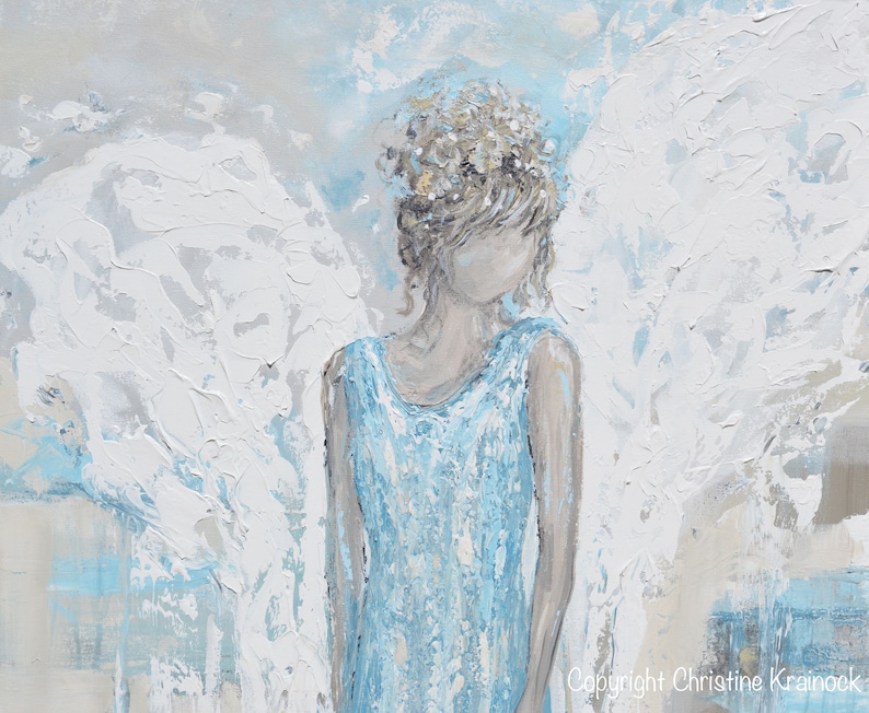 GICLEE PRINT Art Abstract Angel Painting Canvas Print Oil Painting Home Decor Wall Decor Gift Spiritual White Blue Grey Beige Christine