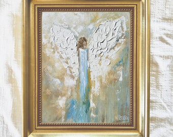 BY YOUR SIDE Abstract Angel Painting Art Print Acrylic Painting Home Decor Christmas Gift Wall Decor Angel Wings White Aqua Blue - Christine