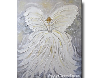 GICLEE PRINT Art Abstract Angel Painting White Grey Gold Home Decor Gift Wall Art Guardian Angel White Acrylic Painting Spiritual Christine