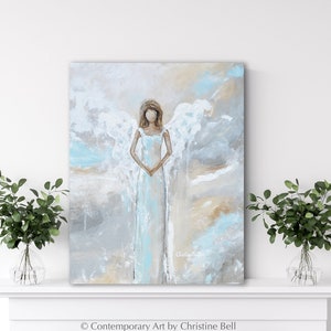 GICLEE PRINT Art Abstract Angel Painting Canvas Print Oil Painting Guardian Angel of Peace Home Decor Wall Art Christmas Gift White Blue