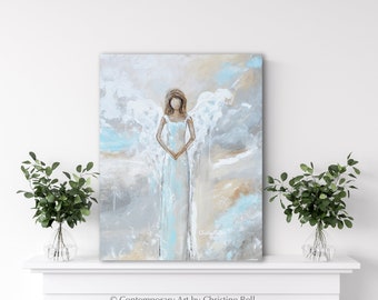 GICLEE PRINT Art Abstract Angel Painting Canvas Print Oil Painting Guardian Angel of Peace Home Decor Wall Art Christmas Gift White Blue