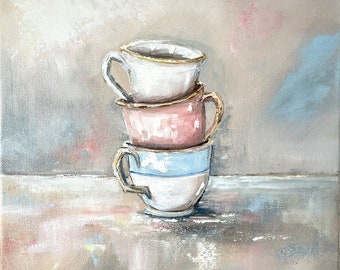 ORIGINAL Art Oil Painting Teacups Stacked Modern Fine Art English Tea Time Artwork China Cups Coffee Wall Art Cottage Home Decor Gift