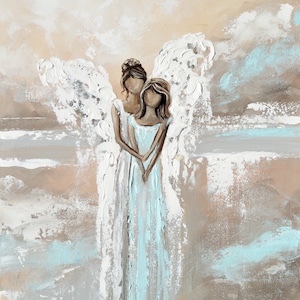 I'VE GOT YOU, Angel Oil Painting Print, 2 Angels Canvas Art Print Gift for Mom / Partner Home Decor Wall Art Mother's Day Gift White Blue
